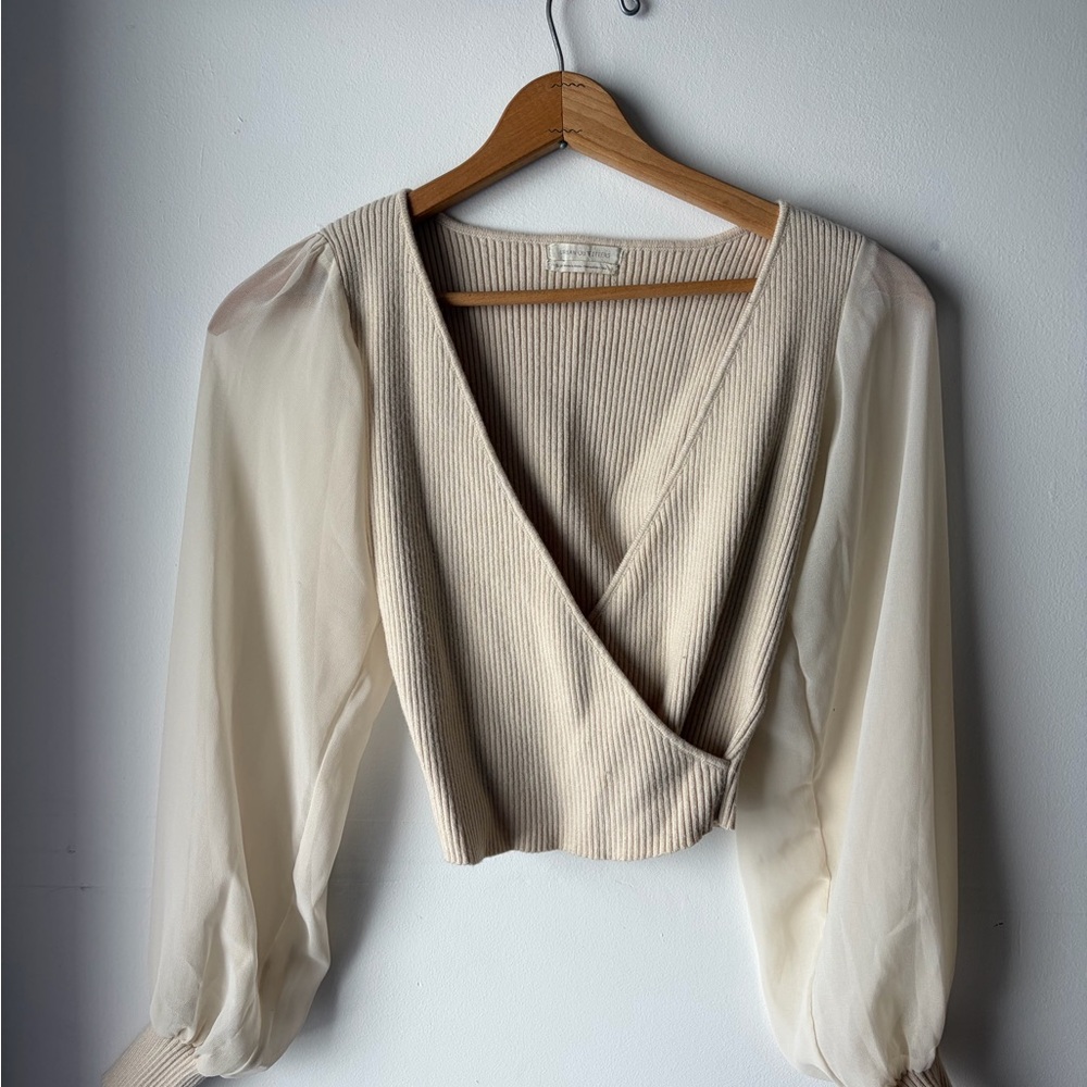 Urban Outfitters Cream Ribbed Wrap Top with Sheer Balloon Sleeves
